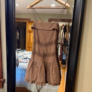 Free People Cocoa Brown Lace-Trim Mini Sundress